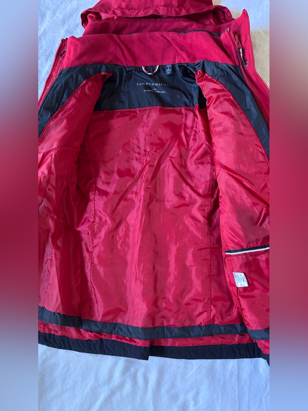 Tommy Hilfiger Womens S 3 In 1 All Weather Hooded Jacket Coat Red Navy - Picture 5 of 16